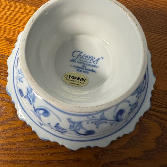 Flora Blue and White Floral Pedestal Bowl by Seymour Mann Inc. - Picture 6 of 7